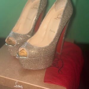Christian Louboutin Glittering Silver Peep-Toe Heels